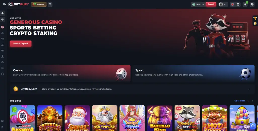 BetFury Casino homepage interface 2026