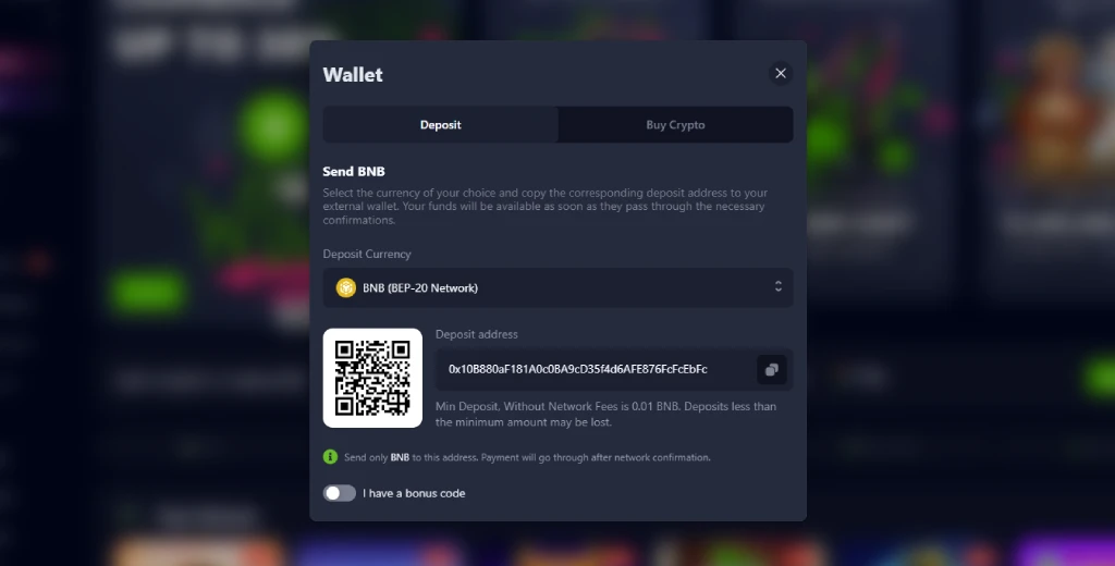 Bets.io Casino BNB BEP-20 deposit interface 2026