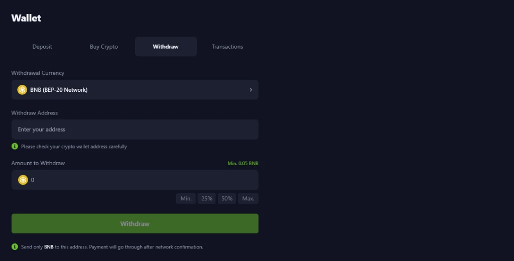 Bets.io BNB withdrawal confirmation test 2026
