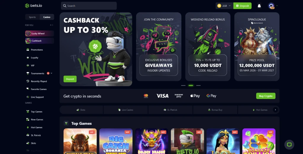 Bets.io Casino homepage interface 2026