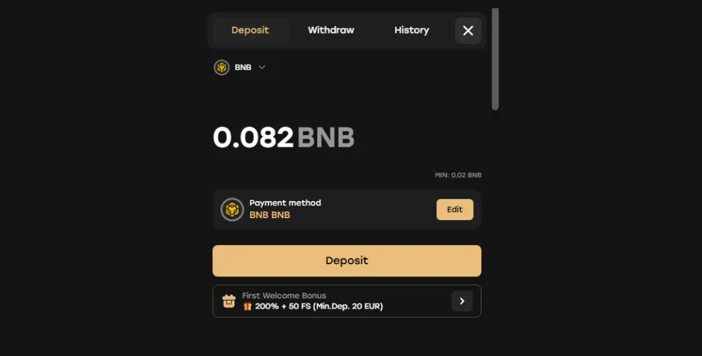 Fairspin casino bnb bep20 deposit interface