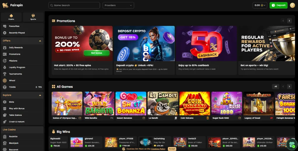 Fairspin casino homepage lobby 2026