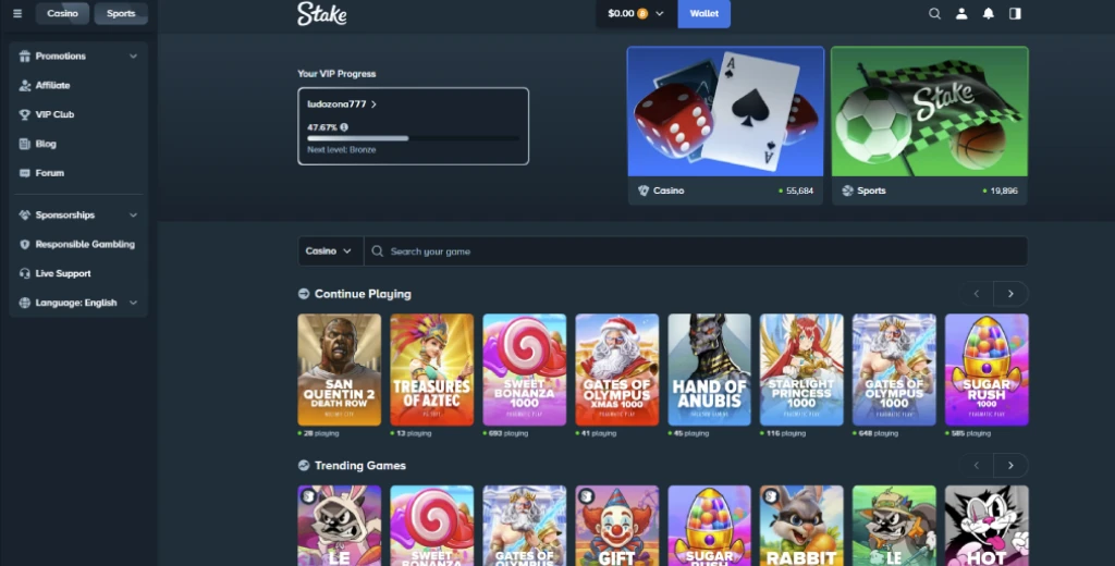 Stake Casino homepage interface 2026