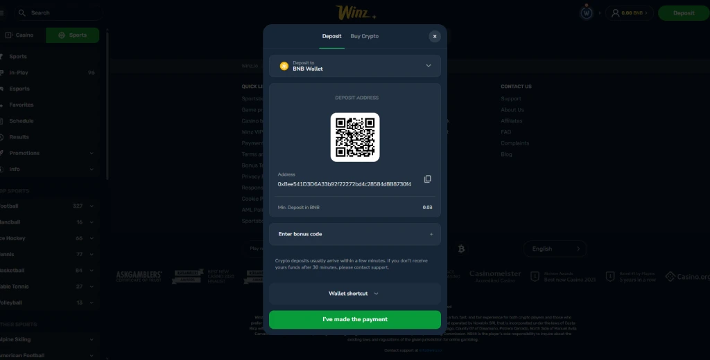 Winz.io casino bnb bep20 deposit cashier interface