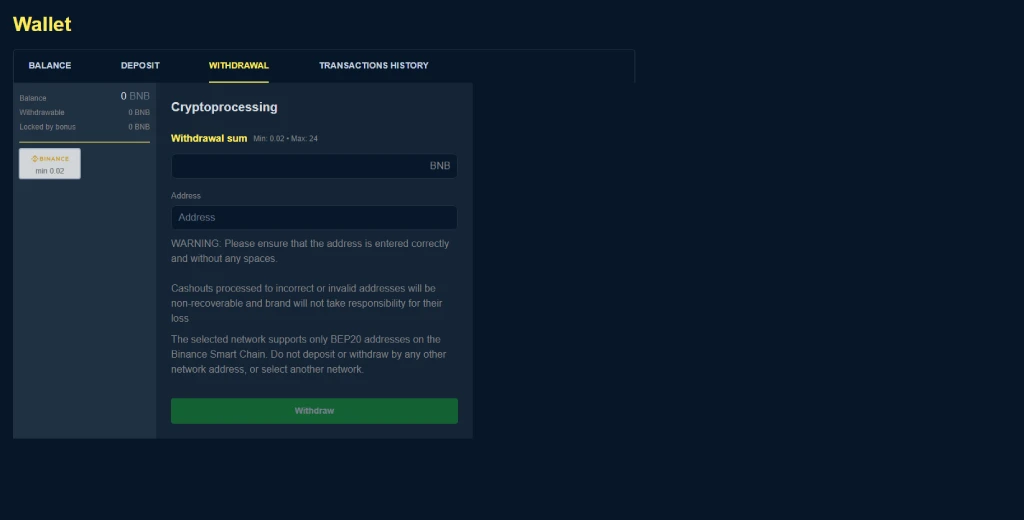 Winz.io casino bnb bep20 withdrawal cashier interface