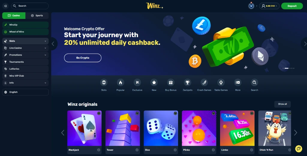Winz.io casino homepage interface 2026