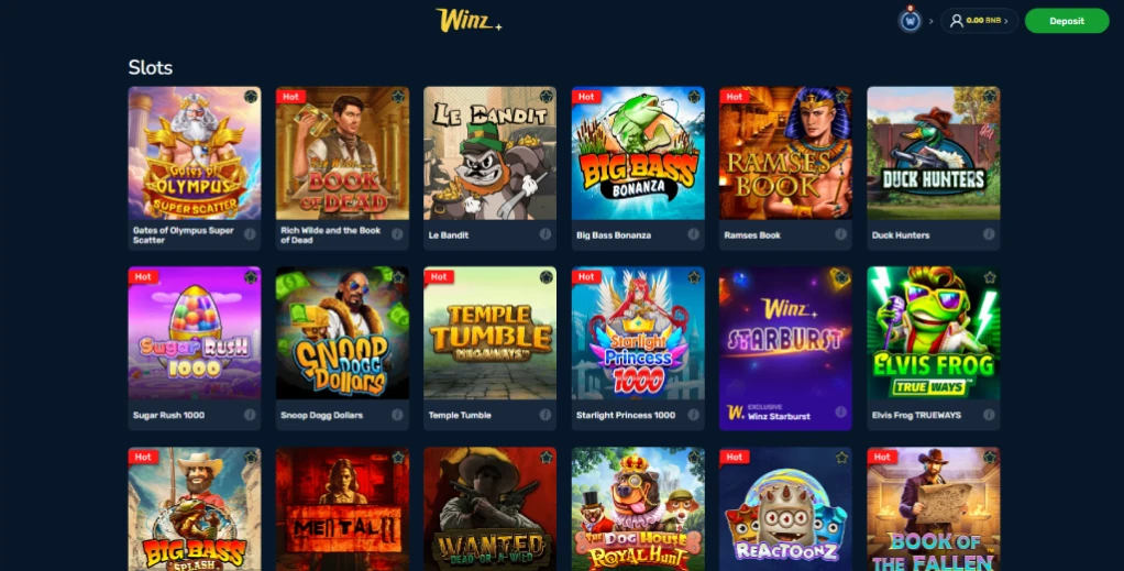 Winz.io casino slot games lobby