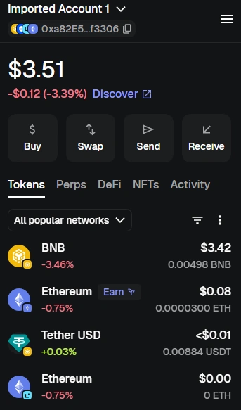 MetaMask browser extension with BNB Smart Chain selected in the network dropdown