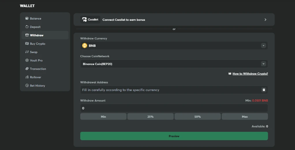 BC.Game casino bnb bep20 withdrawal confirmation example