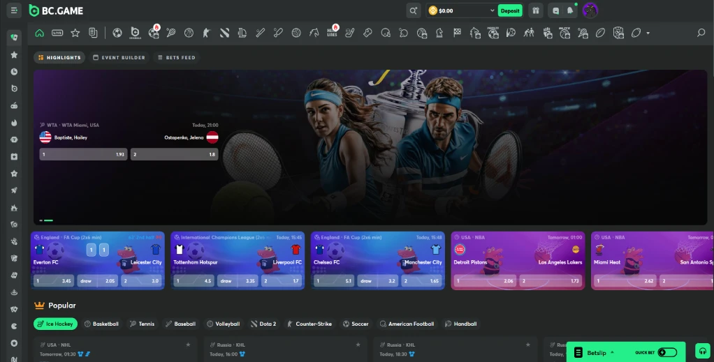 BC.Game casino sportsbook page