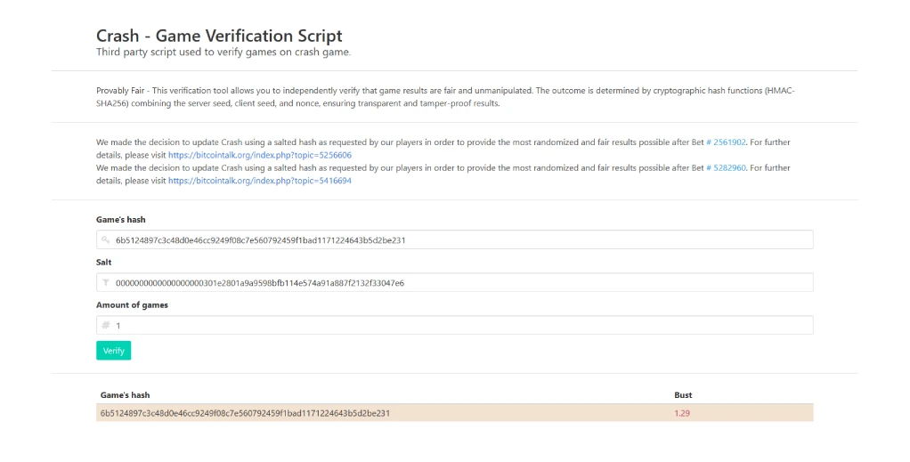 BC.Game crash game provably fair verification tool