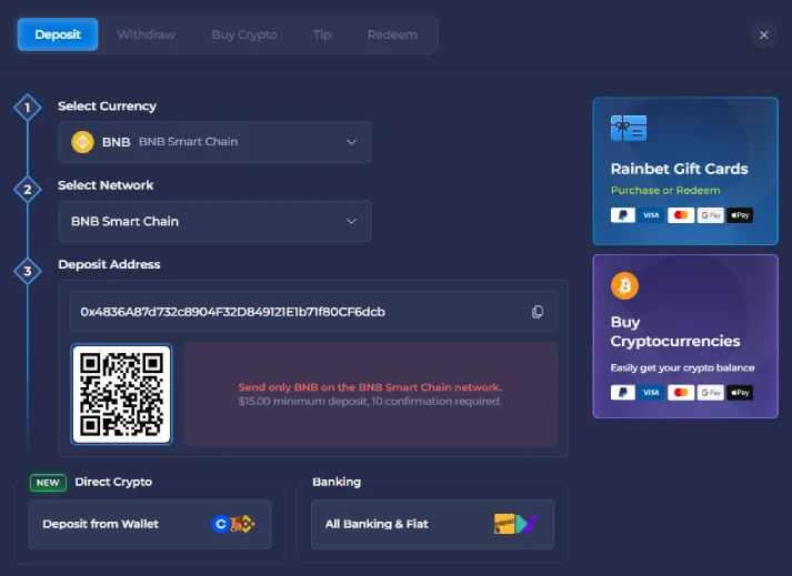 BNB bep-20 deposit interface cashier example