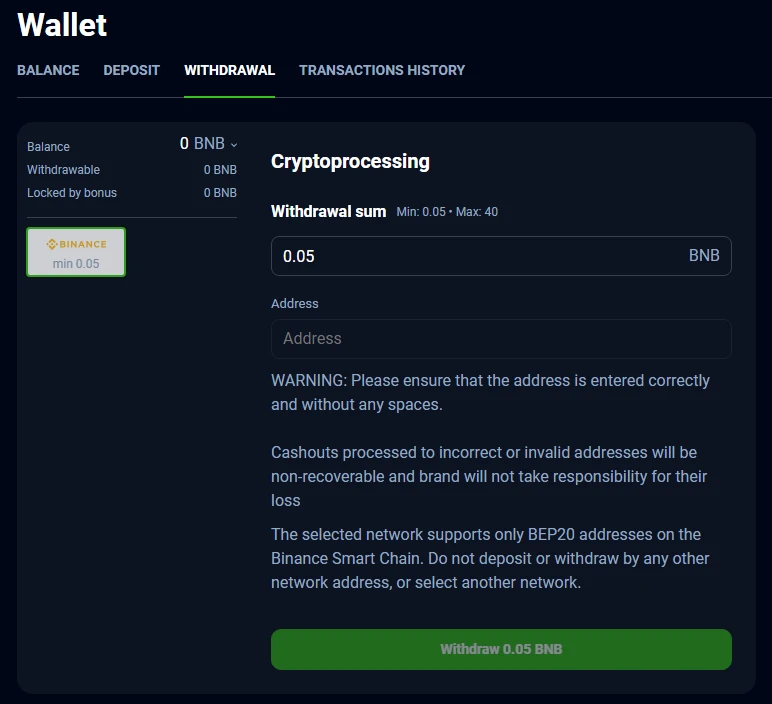 BNB BEP-20 withdrawal minimum amount shown in casino cashier