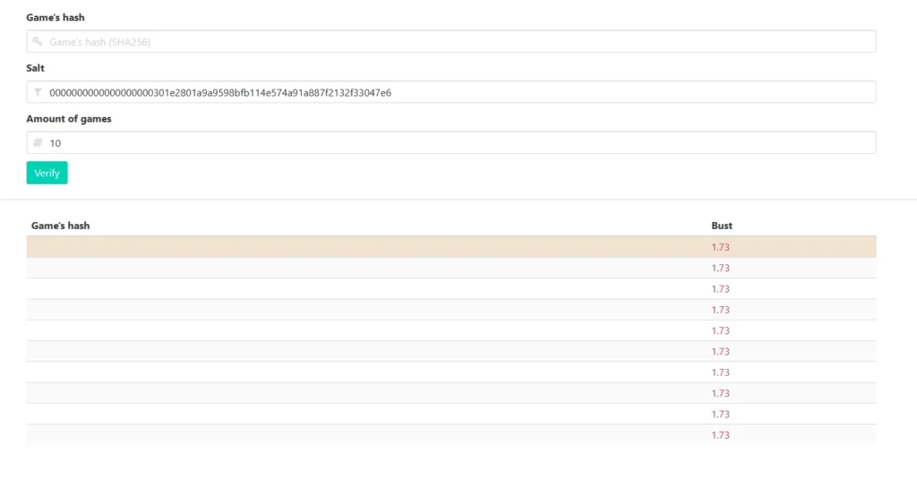 Crash game provably fair verification tool interface