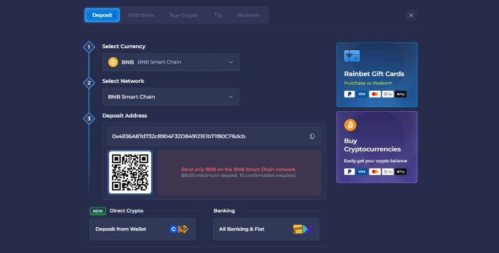 Rainbet casino bnb bep20 deposit cashier interface