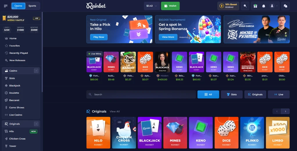 Rainbet casino homepage lobby 2026