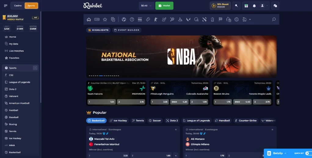 Rainbet casino sportsbook interface 2026