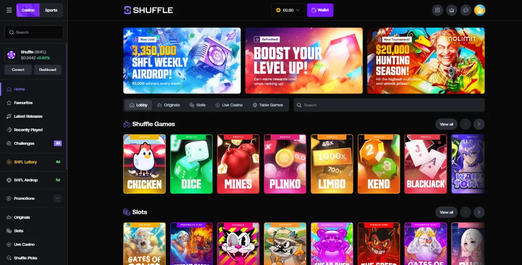 Shuffle casino homepage interface 2026