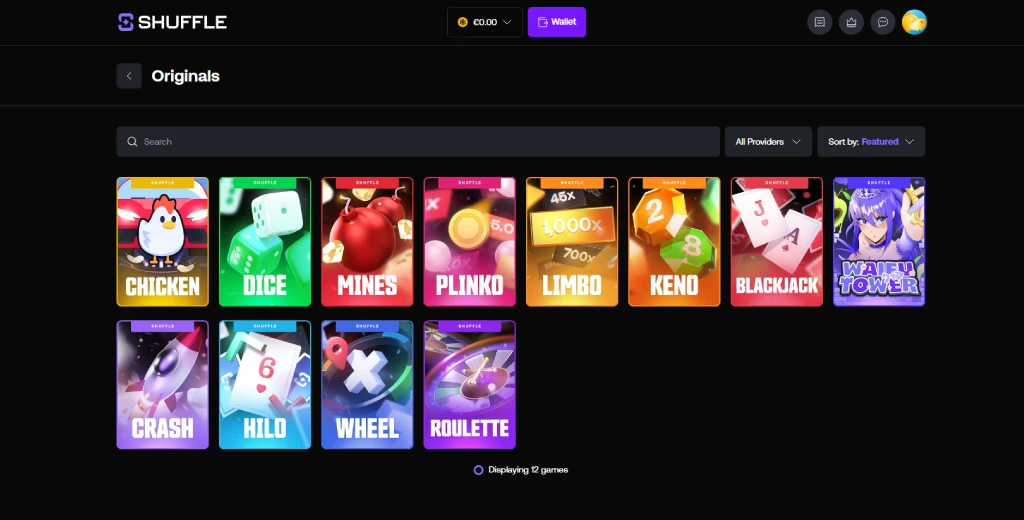 Shuffle casino originals lobby