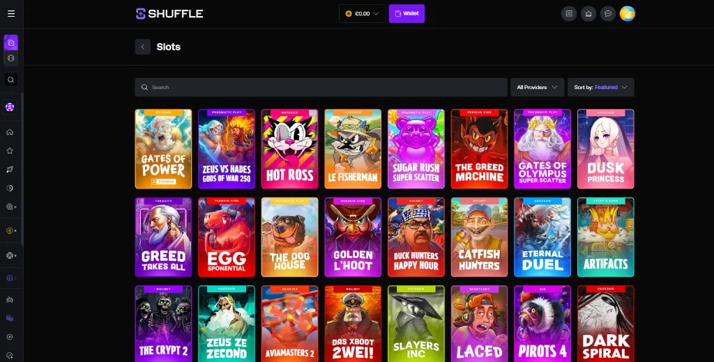 Shuffle casino slot games lobby