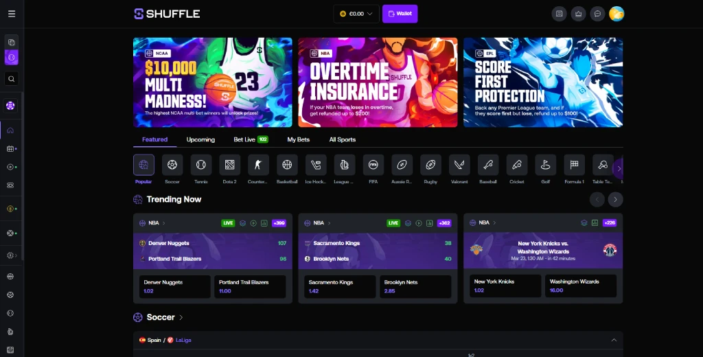 Shuffle casino sportsbook interface 2026