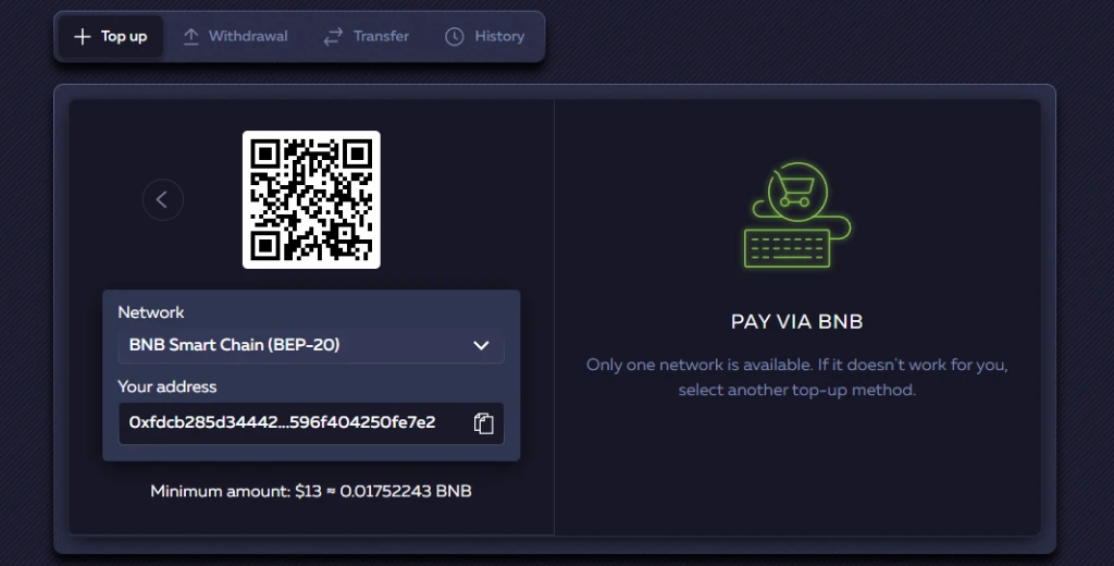 Vavada Casino BNB deposit screen BEP-20 address and QR code March 2026