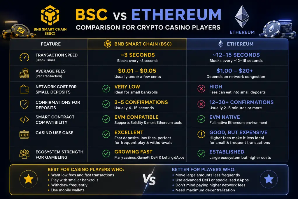 BSC vs Ethereum comparison table for fees speed and casino use