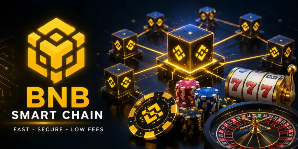 BNB Smart Chain logo with blockchain visualization and casino chips