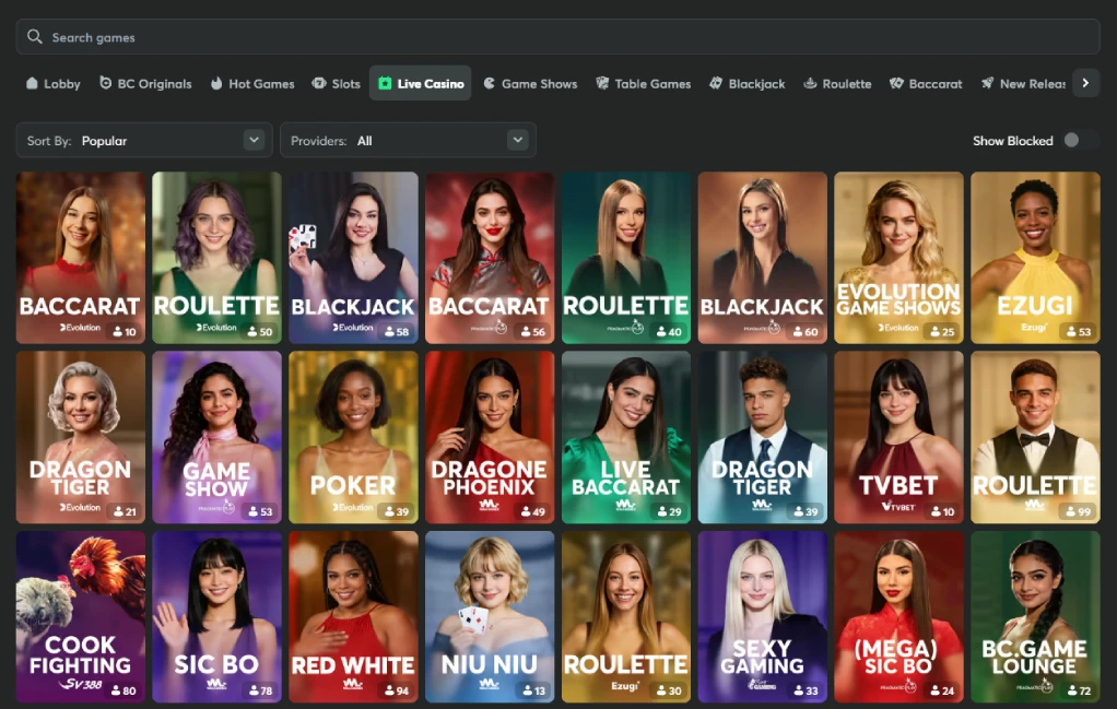 BC.Game BNB live casino lobby with live dealer tables and crypto casino categories