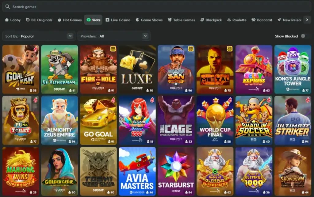BC.Game slots playable with BNB