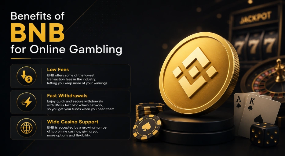 Benefits of BNB for online gambling showing low fees, fast withdrawals, and wide casino support