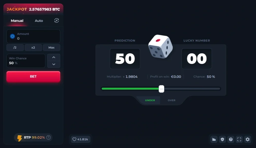 BetFury BNB dice game interface with crypto betting controls and rewards dashboard