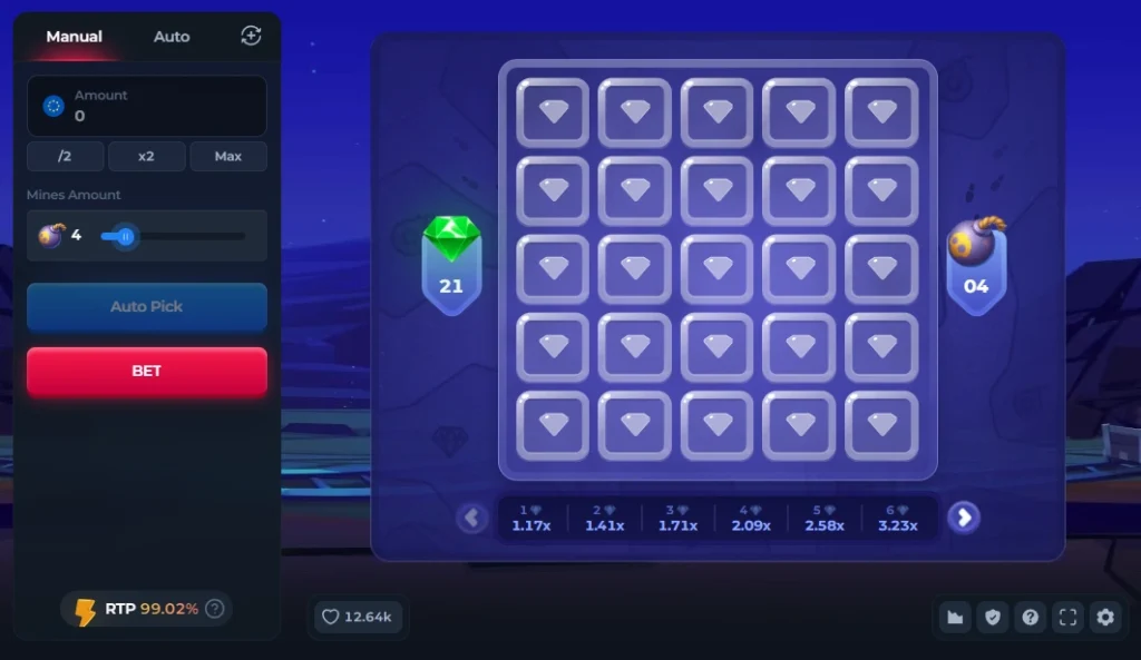 BetFury BNB Mines game interface with crypto betting controls, hidden tiles, and reward features
