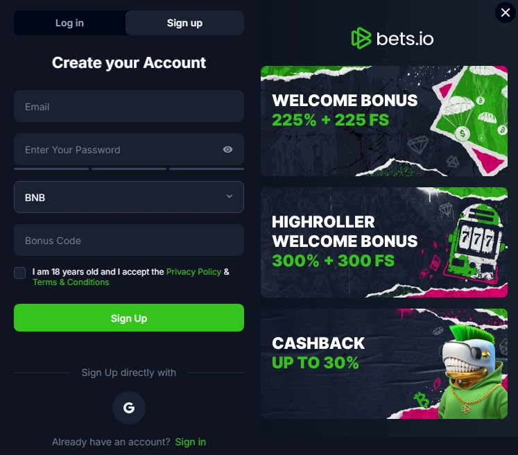 Bets.io BNB welcome bonus with free spins and slot promotion details