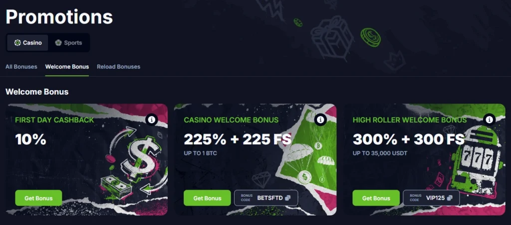 Bets.io BNB welcome bonus showing 100 percent match up to 1 BNB and free spins