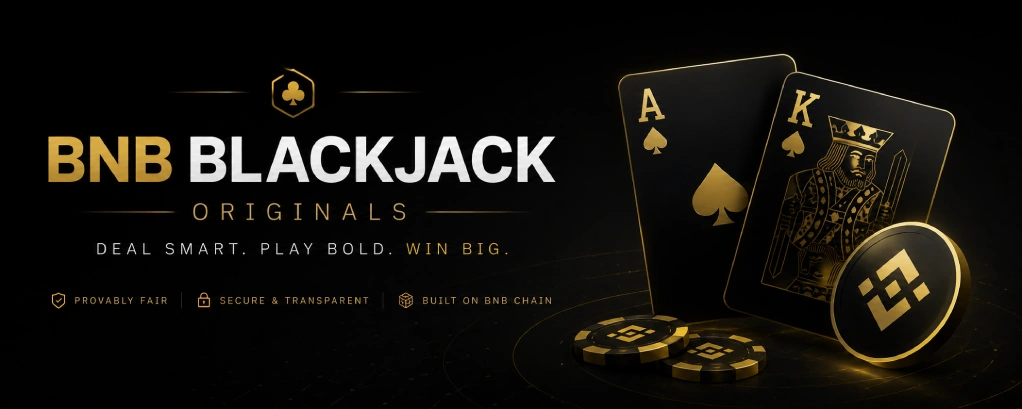 Minimalist dark hero banner for BNB blackjack originals with playing cards, BNB accents, and a provably fair crypto casino theme
