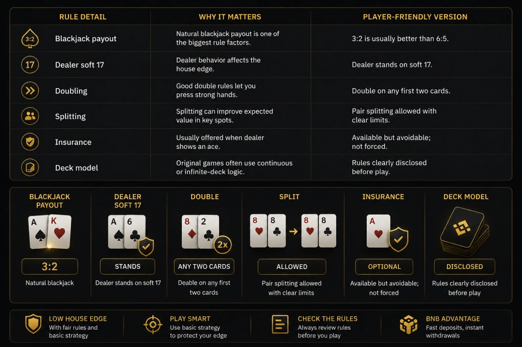 BNB blackjack rules and payout example showing blackjack payout, dealer soft 17 rule, double, split, and insurance details