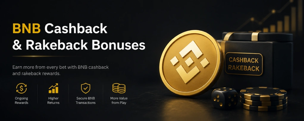 Dark professional hero banner for BNB cashback and rakeback casino rewards