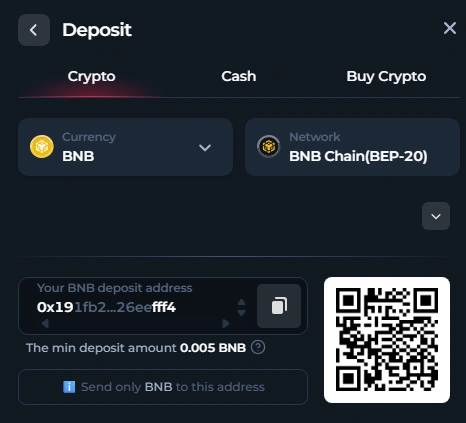 BNB casino deposit page showing BNB Chain BEP-20 network with deposit address and QR code