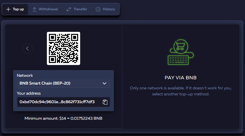 BNB casino deposit page showing BEP-20 network label and deposit address