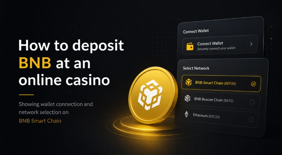 How to deposit BNB at an online casino showing wallet connection and network selection on BNB Smart Chain