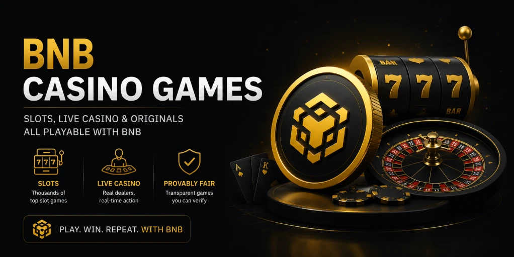 BNB casino games hub showing slots, live casino tables and provably fair originals
