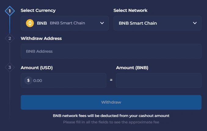 BNB casino withdrawal page with wallet address field and BNB Smart Chain network selected