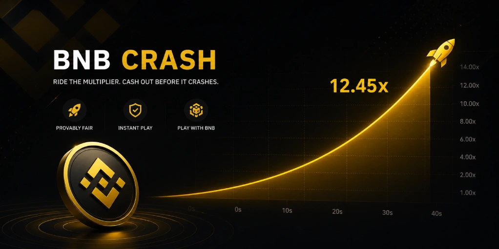 Dark professional hero banner for BNB Crash showing a rising multiplier graph and Binance Coin inspired design