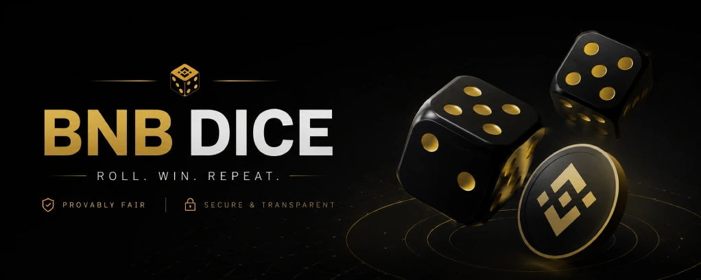 Minimalist dark hero banner for BNB dice with crypto dice, BNB accents, and a provably fair gaming theme