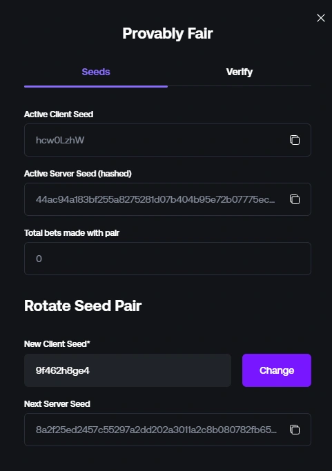 Provably fair BNB dice verification showing server seed, client seed, nonce, and roll result