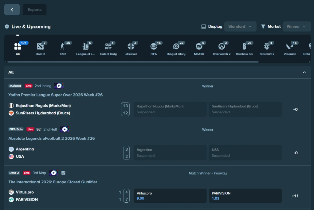 BNB esports betting markets for CS2 Dota 2 League of Legends and live odds
