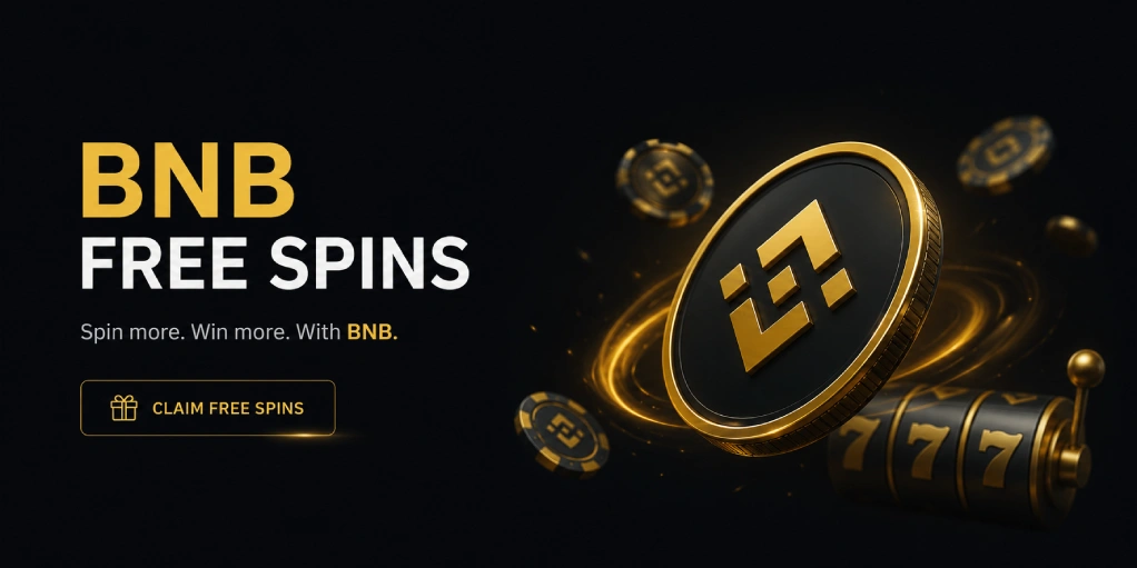 Dark hero banner for BNB free spins with Binance Coin inspired slot rewards