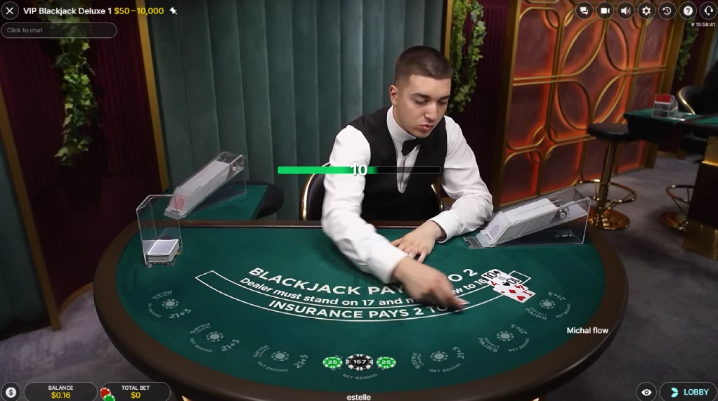 BNB live blackjack table with real dealer cards betting timer and crypto casino balance