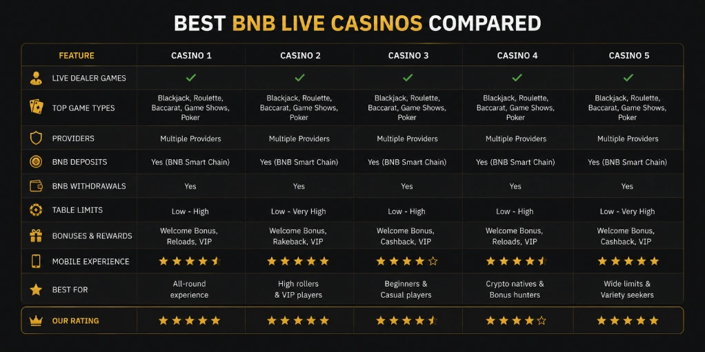 BNB live casino comparison showing dealer games, providers, BNB support, table limits, and rewards